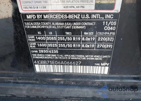 2006 Mercedes-Benz Ml 500 4Matic из США, поврежденный, VIN 4JGBB75E06A066627